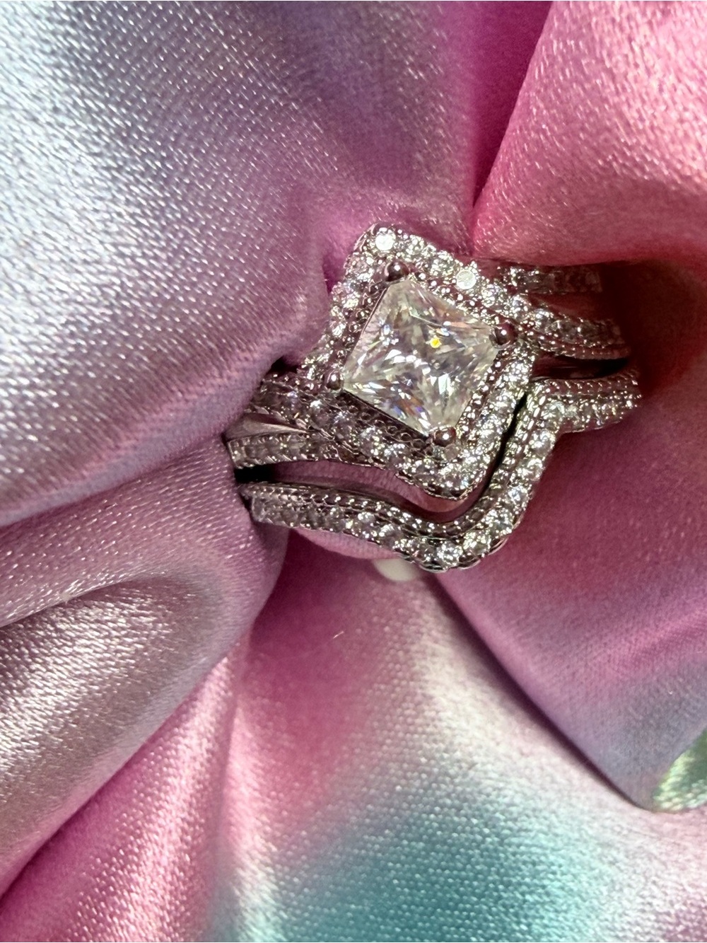 Classic Princess Cut Halo Bridal Ring with Band Gorgeous Wedding Set 18K Plated